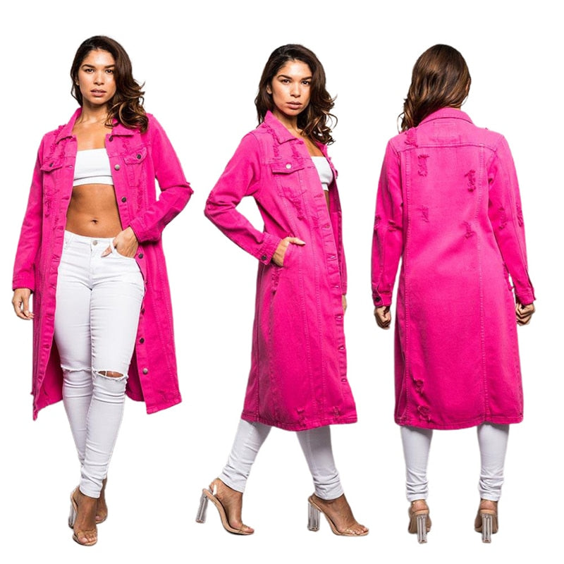 2021 New Arrive Fashion Sexy Hole Cotton Long Denim Jacket Trench Coat Cardigan Jeans Cape for Women Loose Long Sleeve Coat Ddlg