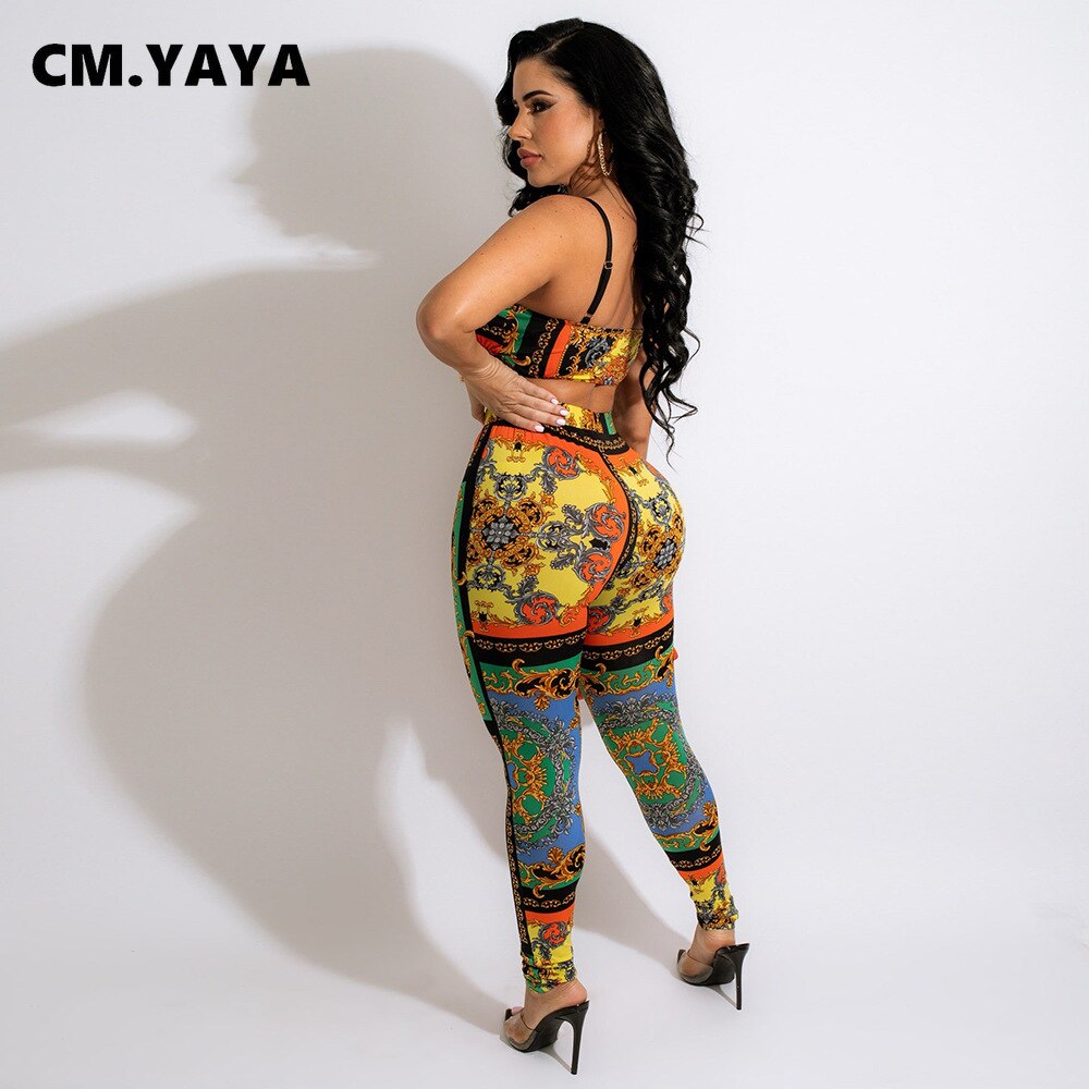 CM.YAYA Paisley Active Yoga Set for Women 2022 Summer Beach Sexy Party Tracksuit Crop Tops and Leggings Pants Two 2 Piece Set