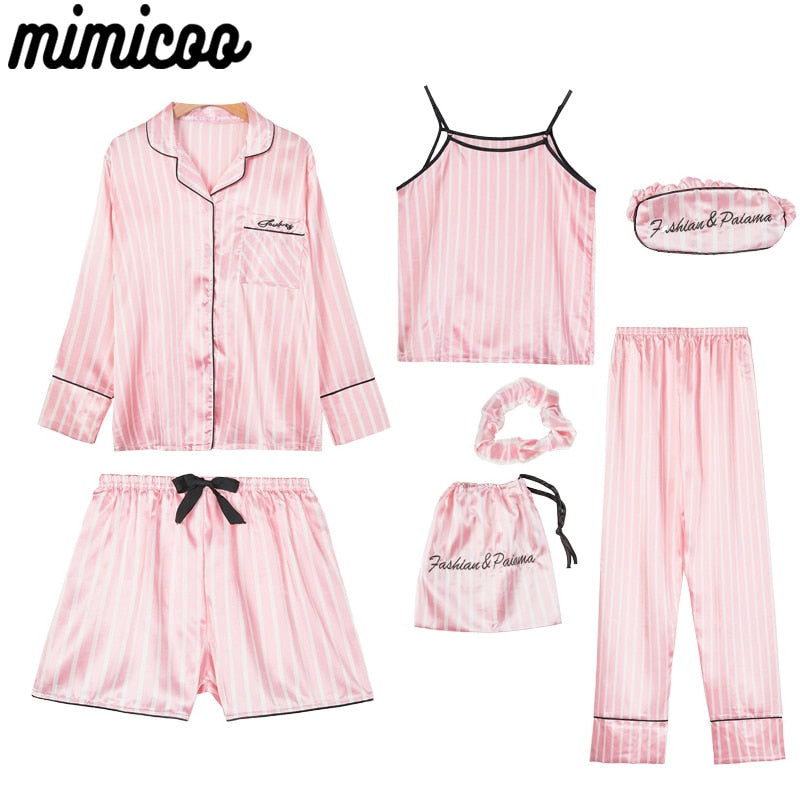 Pink Women's 7 Pieces Pajamas Sets Faux Silk Striped Pyjama Women Sleepwear Spring Summer Autumn Homewear Lounge Home Clothes