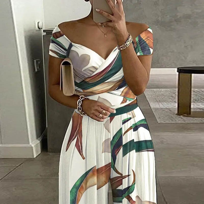 2022 New Summer Women Jumpsuits One Piece Mono Mujer Wide Leg Pants Straight Floral Print Jump Suit Sexy Office Rompers