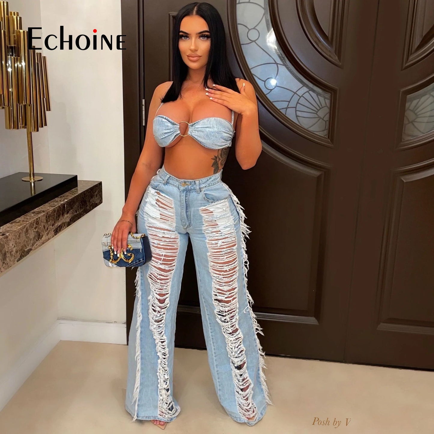 Echoine Women Street Denim Suit Crop Top And Hole Tassel Jean Trouser Pants Two 2 Piece Set 2022 Summer Elegant Jeans Outfits