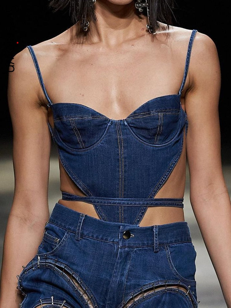 Sweetown Backless Bandage Sexy Irregular Denim Crop Top Female Contrast Stitching Slim Corset Camisole Cool Cow Girl Streetwear