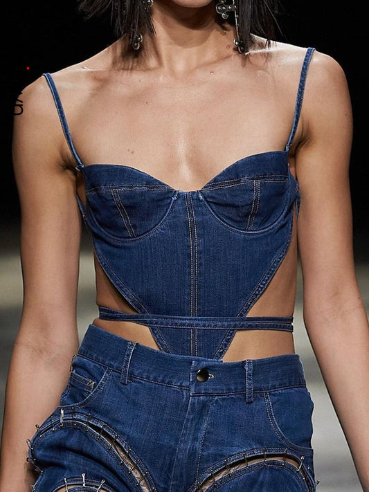 Sweetown Backless Bandage Sexy Irregular Denim Crop Top Female Contrast Stitching Slim Corset Camisole Cool Cow Girl Streetwear