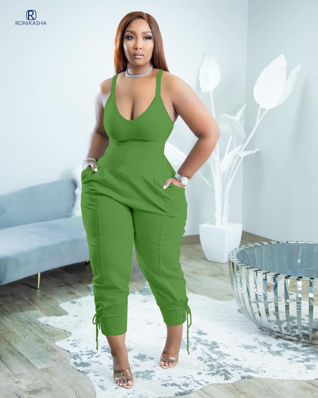 Ronikasha Jumpsuits for Women Sleeveless V Neck Zip Back Lace Up Tank Long Romper One Piece Set