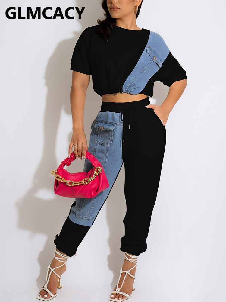 Women Two Piece Colorblock Denim Patchwork Suits Short Sleeve Crop Top &amp; Slim Pants Set