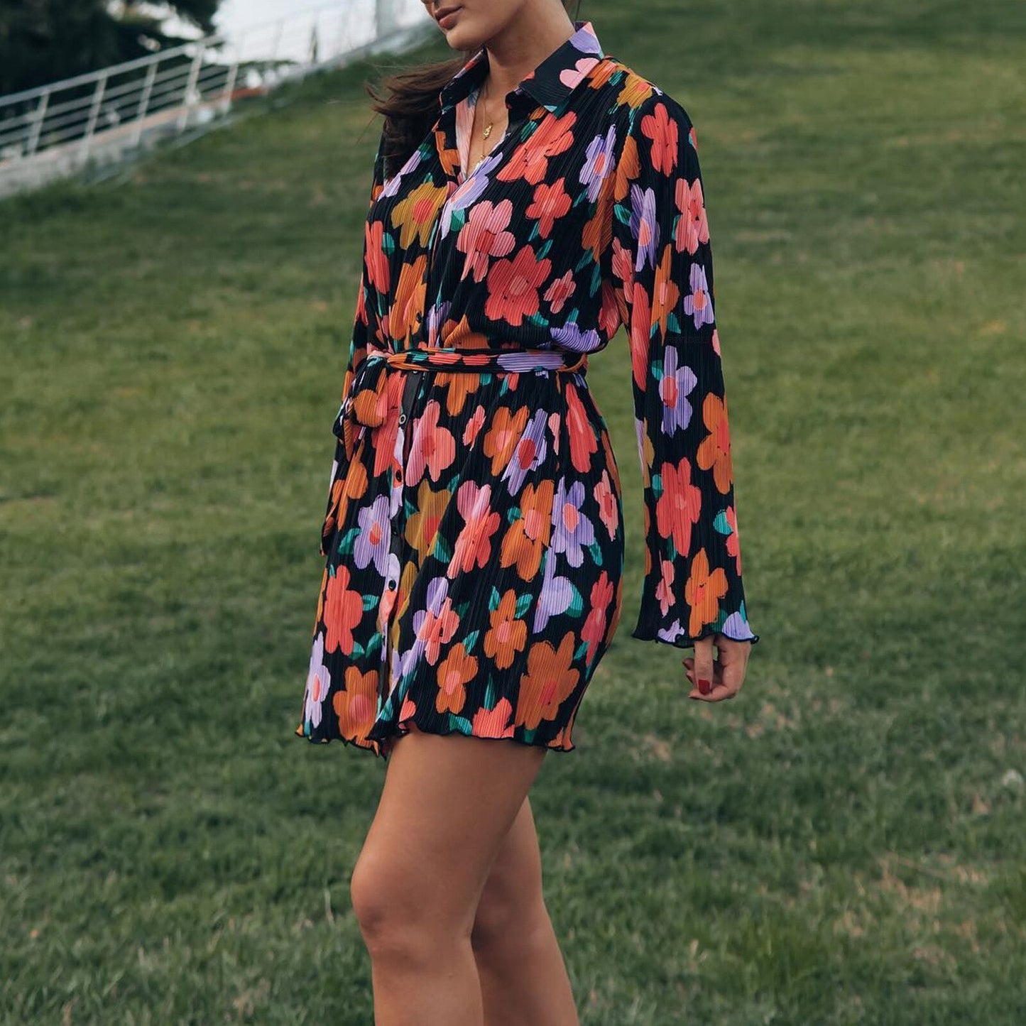 Women's Pleated Set Floral Elegant Casual Long Sleeve Blouses with High Waist Pants Set Female Loose Shirts Two Piece Pant Set