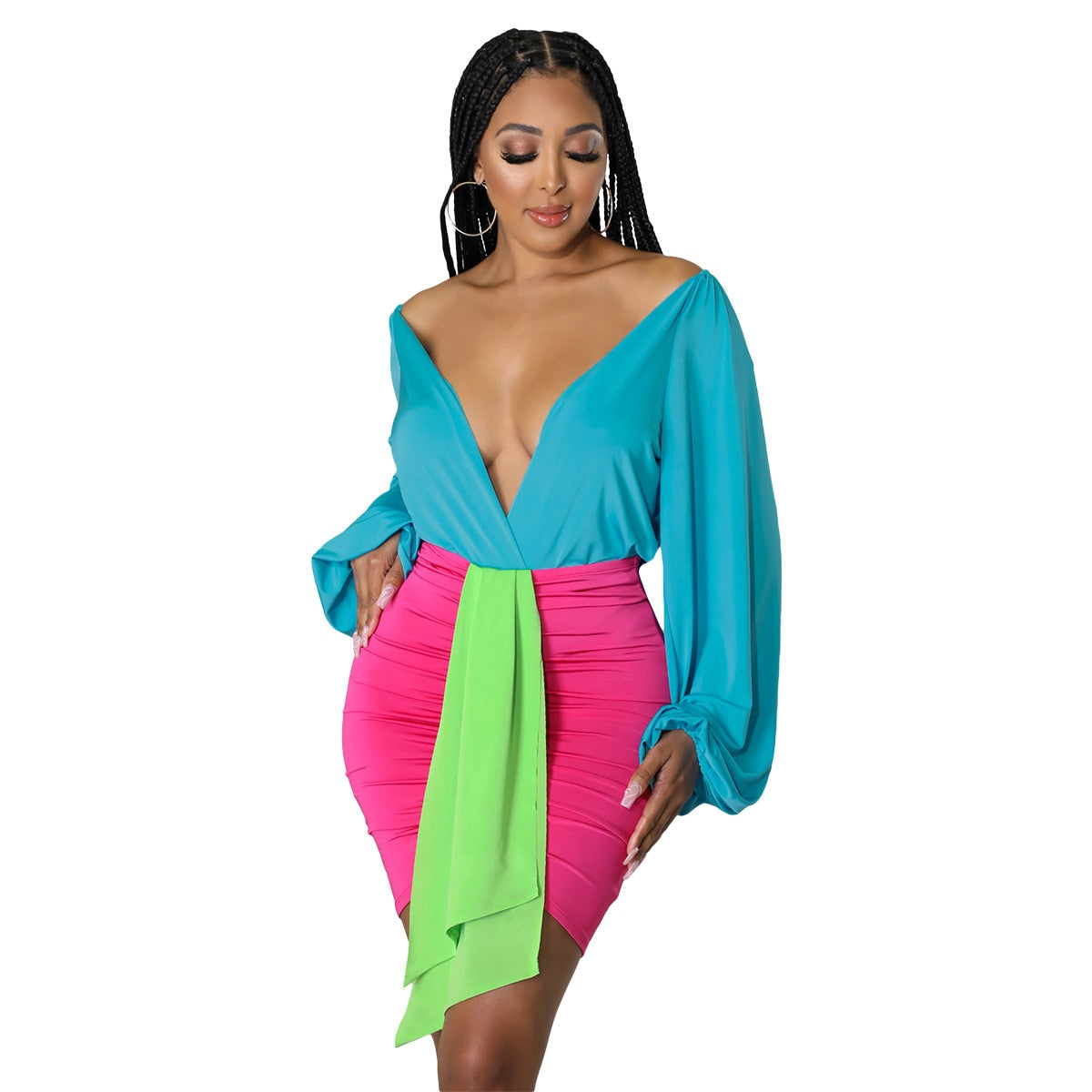 Autumn 2 Piece Skirt Suits for Women Sexy Deep V-neck Long Sleeve Bodysuit+Ruched Bodycon Short Skirts Set Club Party Outifits