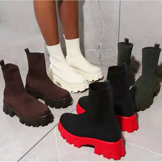 Ankle Sock Stretch Boots Designer Chunky Platform Snow Boots 2021 New Winter Warm Fashion Mid Heels Knitting Chelsea Women Shoes