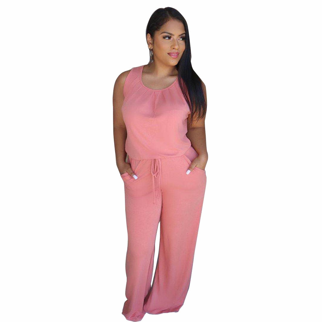 Echoine Solid Lounge Wear Sleeveless Tank Top Pleated Round Collar Tops Wide Leg Pants Pocket Two Piece Set Casual Loose Outfits