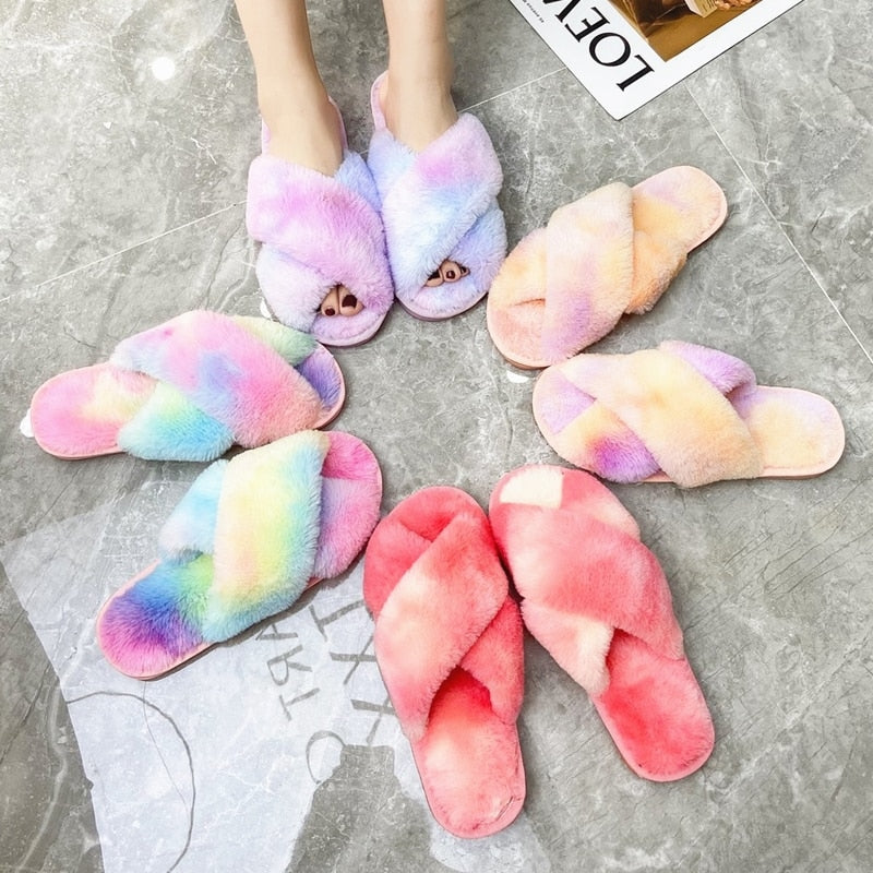 Winter Mixed-Color House Women Fur Slippers Rainbow Color Bedroom Girls Plush Shoes Open Toe Indoor Ladies Furry Slippers