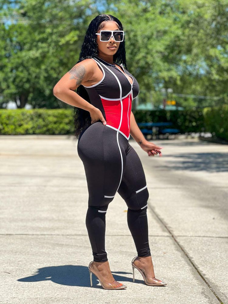 HAOYUAN Fashion Sport One Piece Jumpsuit Splicing Zip Up Sleeveless Bodycon Jump Suits Sexy Outfits for Women Rompers Wholesale