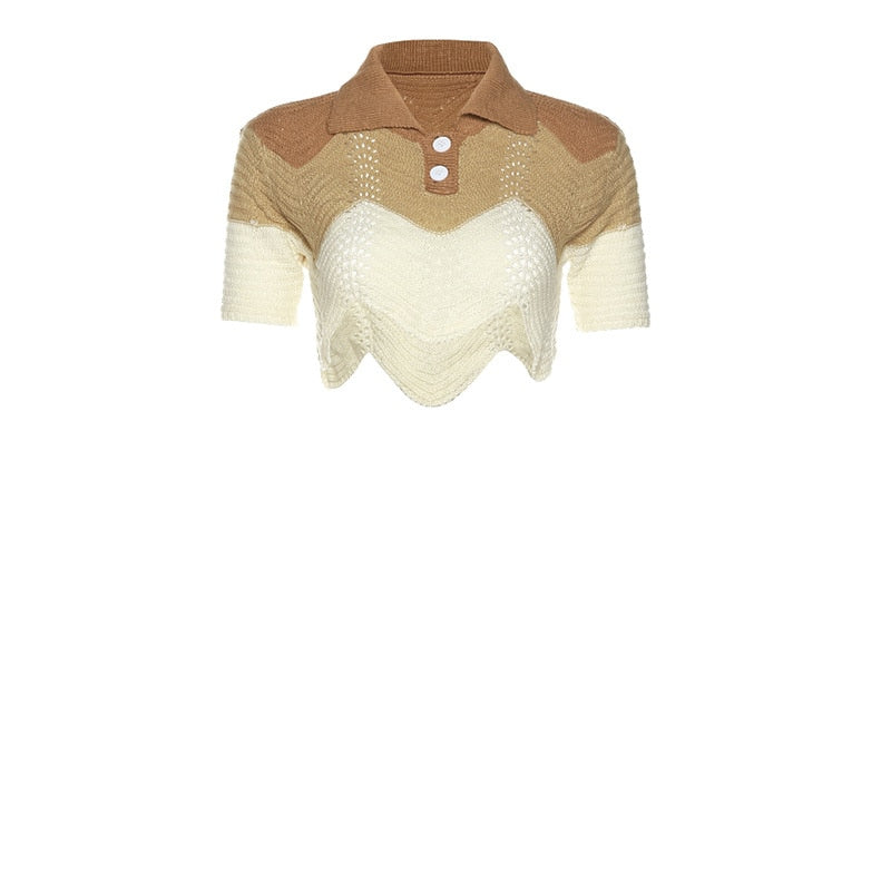 Echoine Pink Patchwork Polo Button Neck Knitted Tops Sweater Mini Skirt Two Piece Set Fashion party Clubwear Outfits Summer 2022