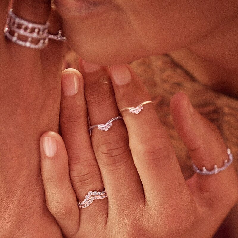 Rose Gold Ring Sterling Silver 925 Crown Heart Wishbone Engagement Wedding Crystal Ring Gold 925 Luxury Jewelry for Women Anel