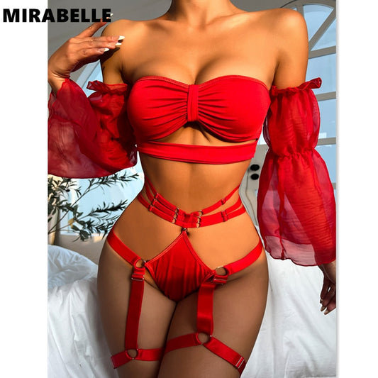 MIRABELLE Set Woman 4 Pieces Push Up Bra Erotic Sets Sensual Bandeau Lingerie with Sleeves Lace Underwear Garters Red Outfits