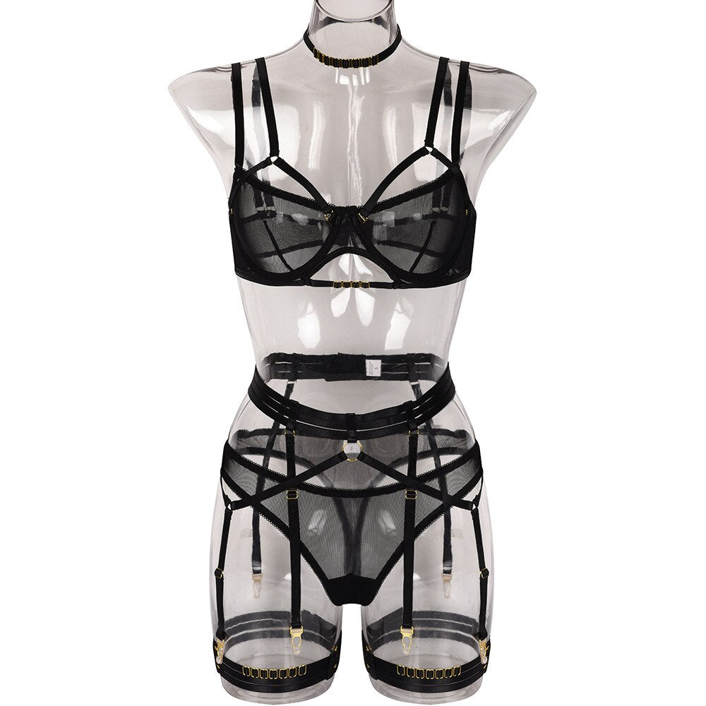 Yimunancy 4-Piece Mesh Bra Set Women 4 Colors Transparent Bandage Panty Underwear Set 2022 Ladies Sexy Lingerie Set