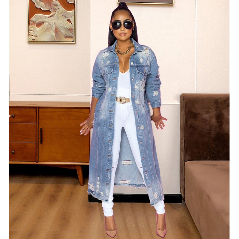 2021 New Arrive Fashion Sexy Hole Cotton Long Denim Jacket Trench Coat Cardigan Jeans Cape for Women Loose Long Sleeve Coat Ddlg