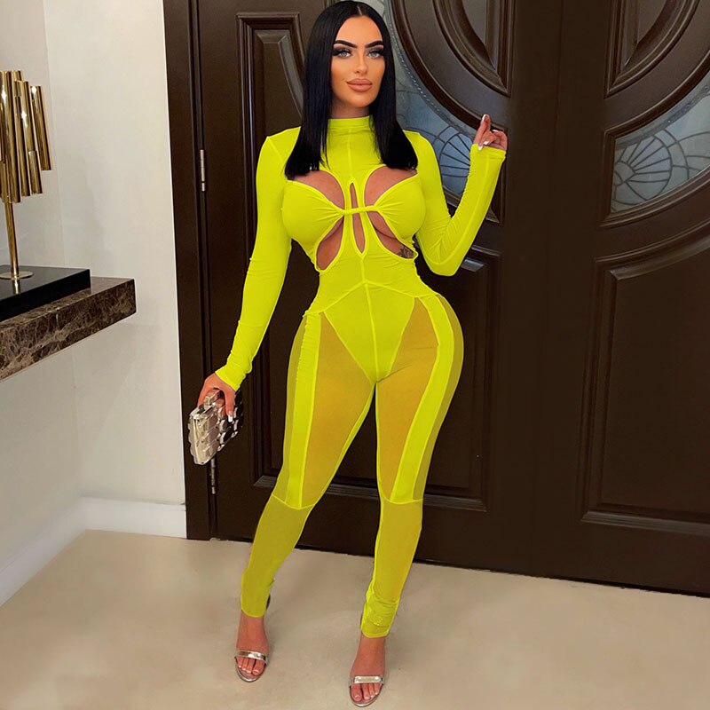 Sexy Sheer Mesh Patchwork Jumpsuits Women Party Night Hollow Out Long Sleeve Romper Elastic Cleavage Bodycon Birthday Outfits