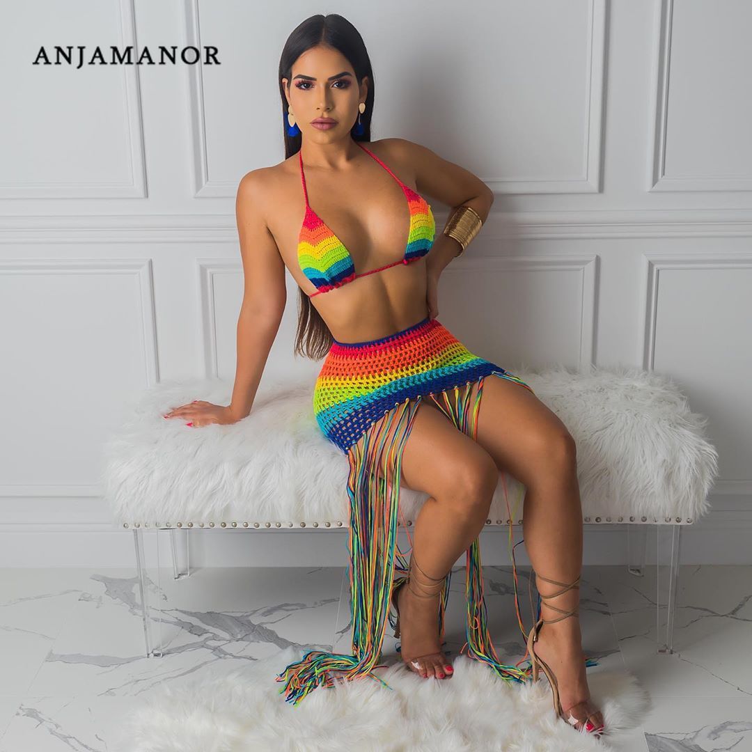 ANJAMANOR Rainbow Crochet Tassel Sexy 2 Piece Set Crop Top and Skirt Beach Party Club Birthday Outfits for Women D48-DF23