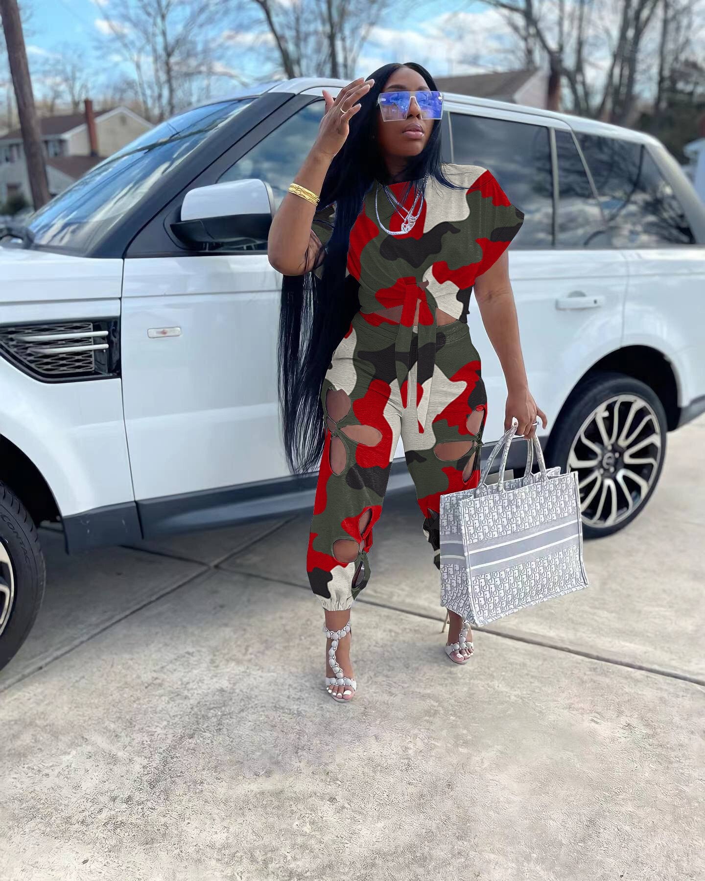 Women Pant Sets Casual Suits Camouflage Short Sleeve Tie Front Crop Top T Shirt &amp; Hollow Out Pants Sets Women Two Piece Suit