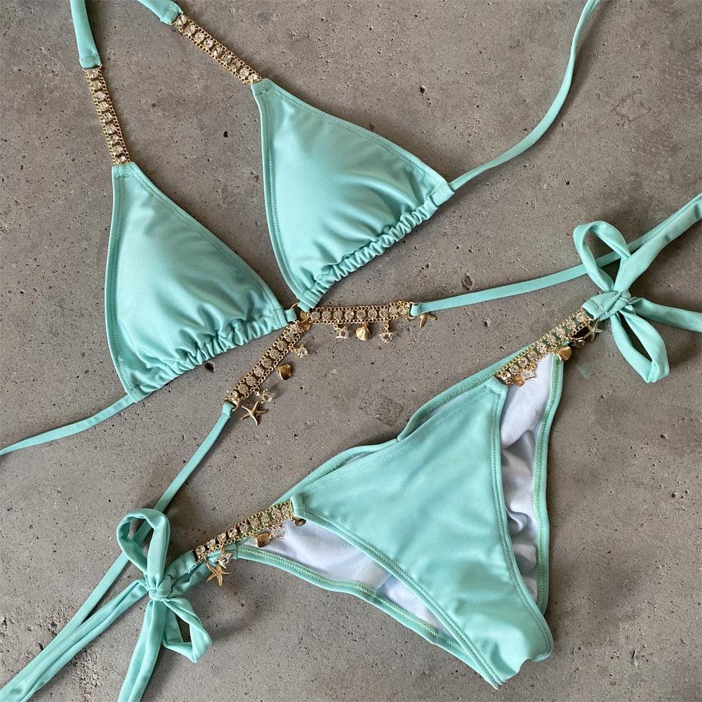 Sexy Luxury Bikini Set Women 2022 Crystal Rhinestones Diamond Push Up Solid Swimsuit Neon Metal Chain Thong Swimwear Ropa Mujer