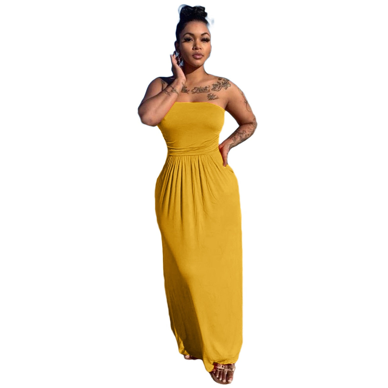 Women Casual Strapless High Waist Loose Hem Maxi Dress for Streetwear Beach Sexy Summer Floor Length Long Dresses
