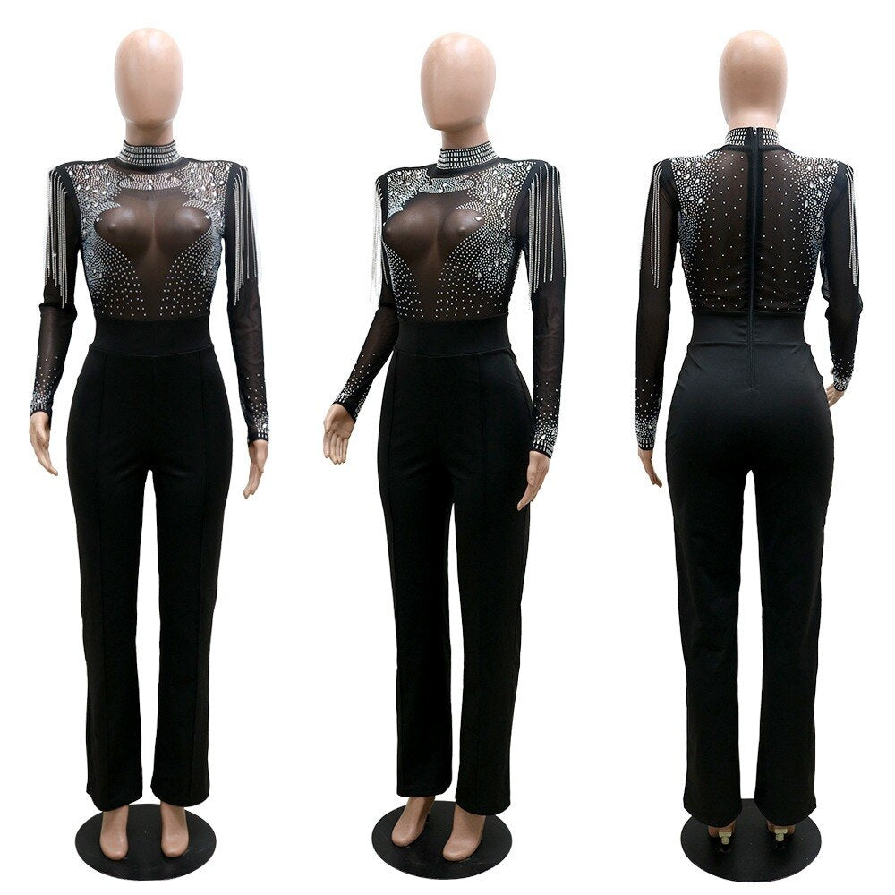 Women Sexy Romper Shining Embellished Rhinestones Luxury One Piece Jumpsuit Tassel Mesh See Through Transparent Night Club Party