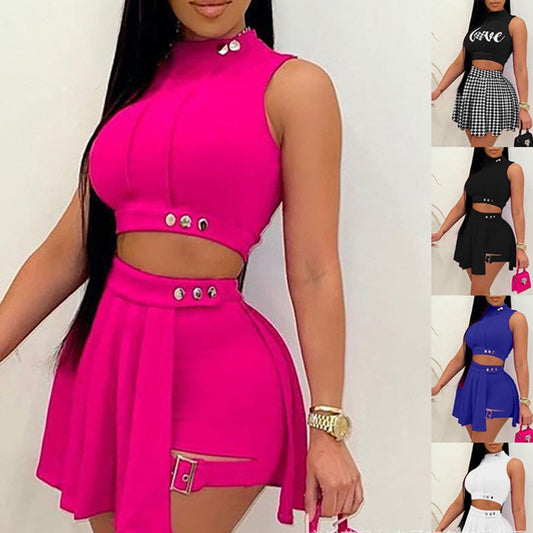 Shorts Skirt Two Piece Set Women High Waist Skirt Shorts Sleeveless Button T-shirt Shorts Sets White Black Skirts Two Piece Set