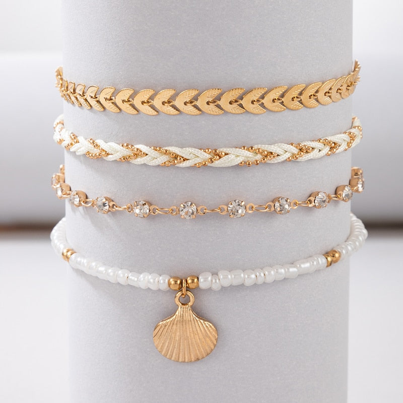 docona Boho Handmade Shell Seed Beads Anklet Set for Women Multilayer Broken Stones Summer Ocean Beach Foot Chains Jewelry 9426