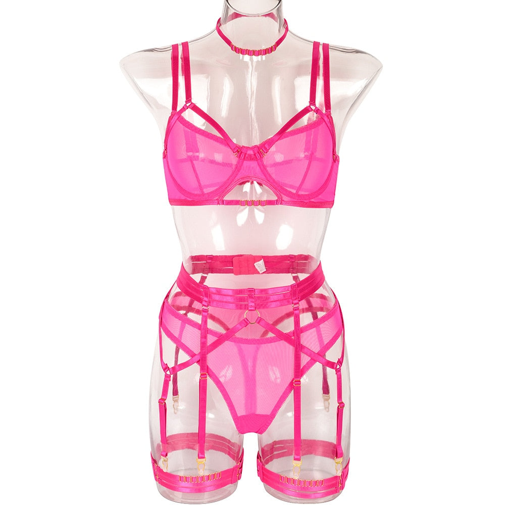 Yimunancy 4-Piece Mesh Bra Set Women 4 Colors Transparent Bandage Panty Underwear Set 2022 Ladies Sexy Lingerie Set