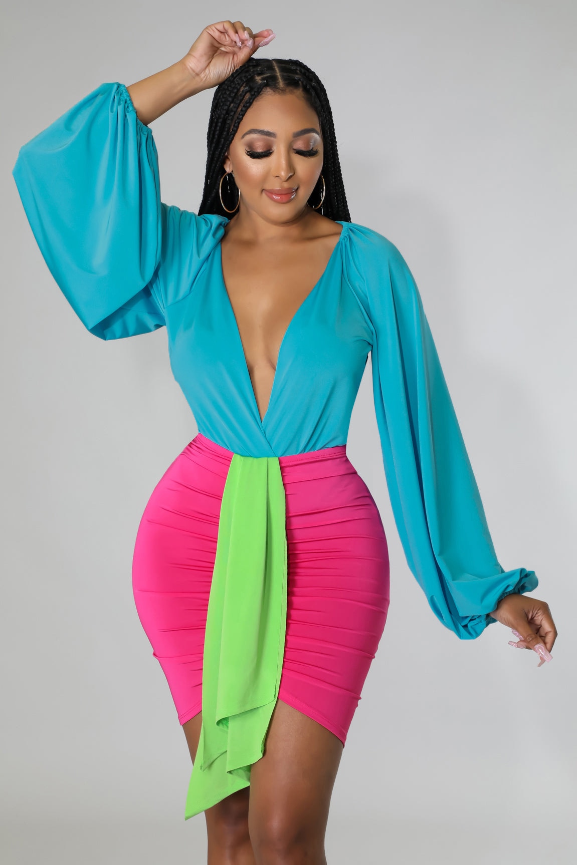 Autumn 2 Piece Skirt Suits for Women Sexy Deep V-neck Long Sleeve Bodysuit+Ruched Bodycon Short Skirts Set Club Party Outifits