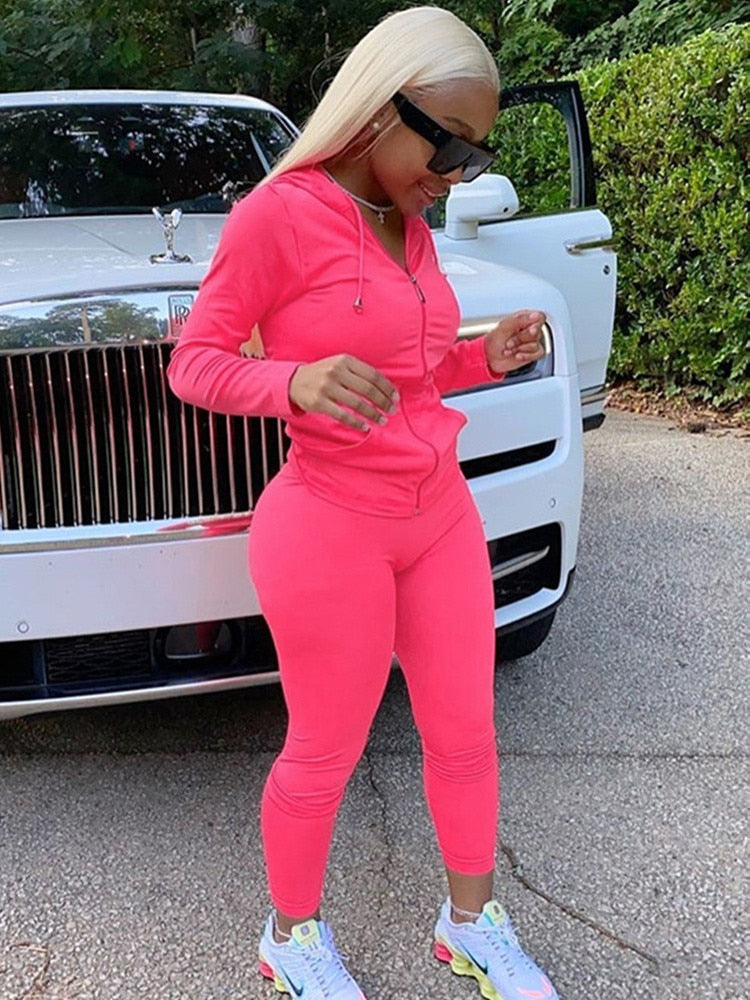 Kliou autumn new women hooded zipper pocket long sleeve tops sporty leggings matching set workout bodycon casual stretchy outfit