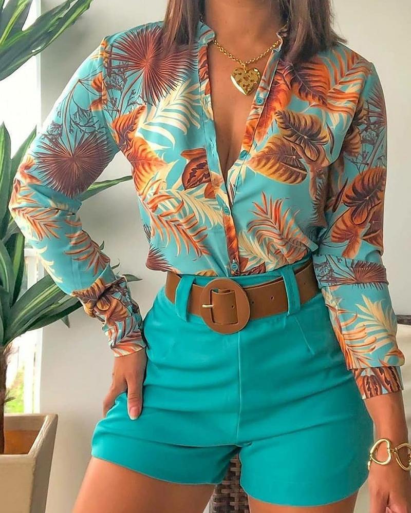 2022 Women's Suit Summer Tracksuit Shorts Sets Two Piece Sets Women Outifits Long Sleeve Sexy Print Blouses Women No Belt
