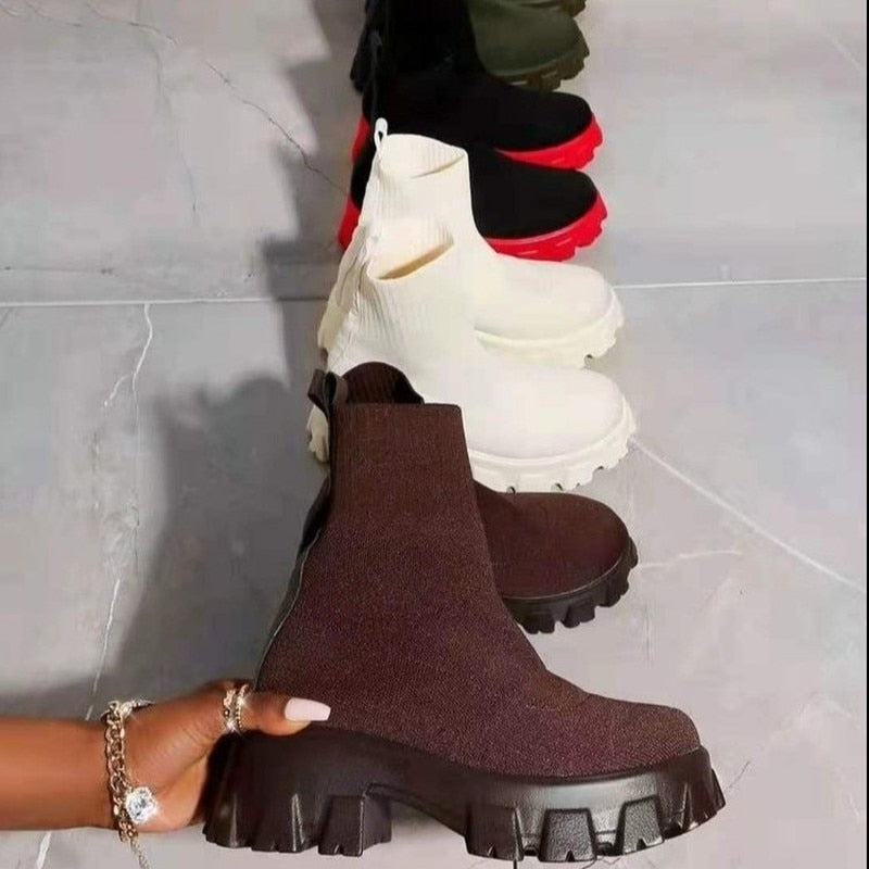 Ankle Sock Stretch Boots Designer Chunky Platform Snow Boots 2021 New Winter Warm Fashion Mid Heels Knitting Chelsea Women Shoes