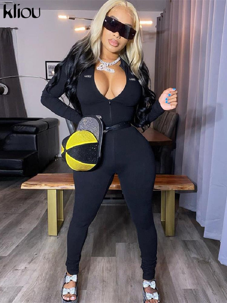 Kliou Letter Embroidery Solid Stacked Zipper Jumpsuits Women Autumn Rompers V-neck High Waist Elastic Female Sporty Streetwear