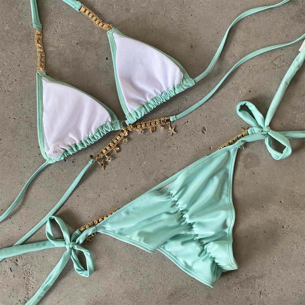 Sexy Luxury Bikini Set Women 2022 Crystal Rhinestones Diamond Push Up Solid Swimsuit Neon Metal Chain Thong Swimwear Ropa Mujer