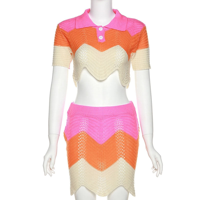 Echoine Pink Patchwork Polo Button Neck Knitted Tops Sweater Mini Skirt Two Piece Set Fashion party Clubwear Outfits Summer 2022