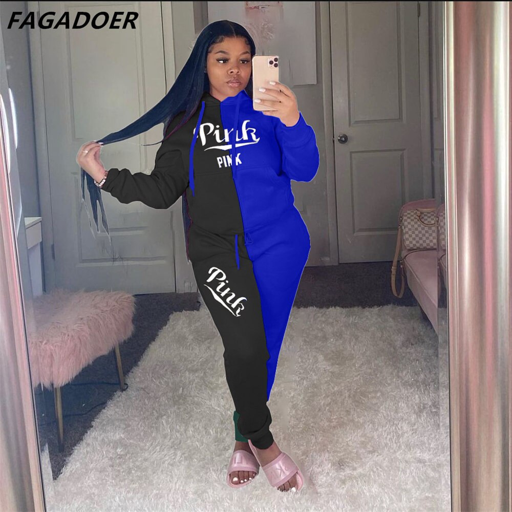 FAGADOER Autumn PINK Embroidery Two Piece Sets Tracksuit Women Outfits Patchwork Long Sleeve Sweatsuits Hoodies Pants Sets Suit