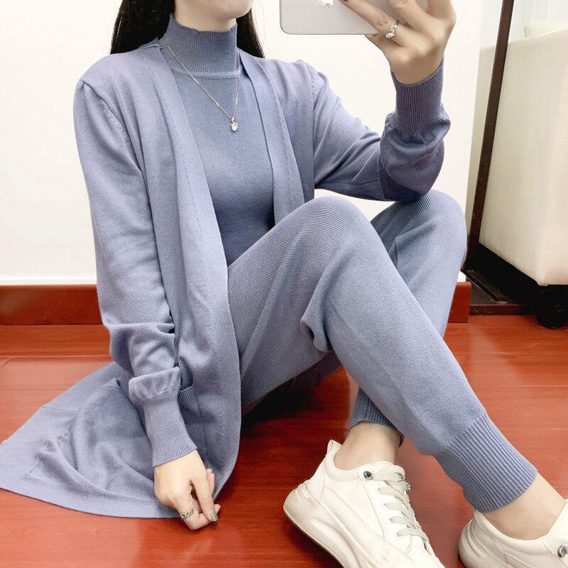Women Sweater 3 Piece Set Tracksuit 2022 spring Autumn Long Cardigan Coat + Half Turtleneck Vest + Pants Knitted Suits Outfits