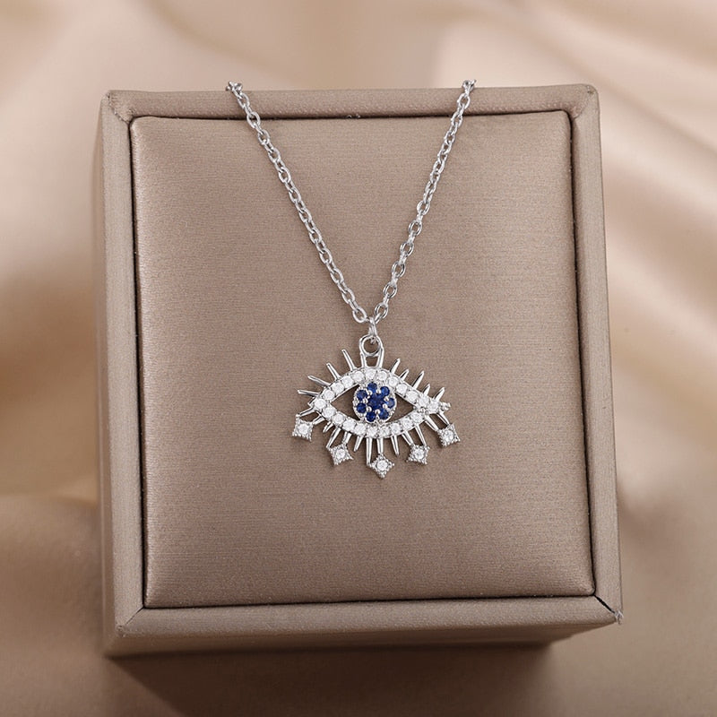 Turkish Evil Eye Pendant Necklace for Women Stainless Steel Gold Chain Necklaces 2022 Trend Choker Boho Lucky Aesthetic Jewerly