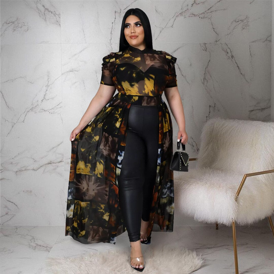 Plus Size Women Elegant Dress Printed Short Sleeve Shirt Summer Mesh Perspective Split Hollow Long Skirt Beach Vacation Clothing