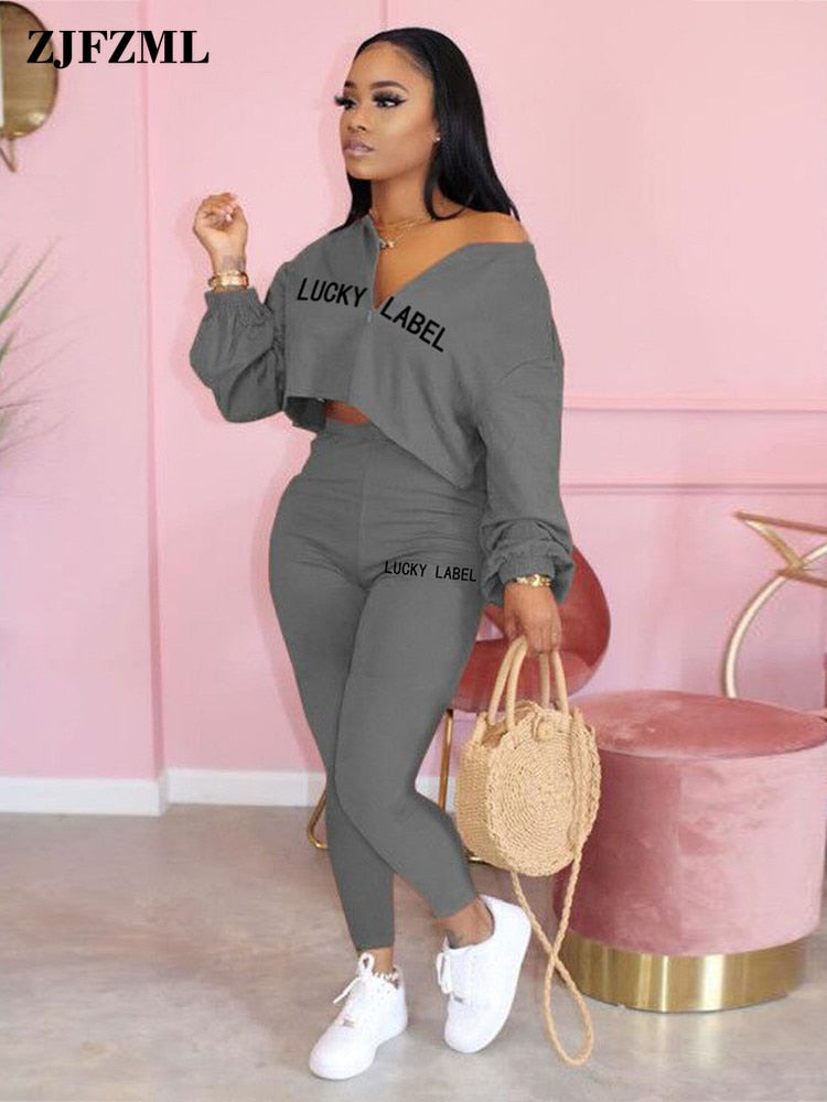 LUCKY LABEL Embroidery Long Sleeve Loose Crop Top and Skinny Pencil Legging Casual Sweatsuits 2 Piece Matching Set Co-ord Outfit