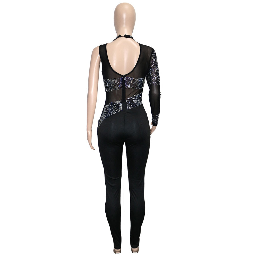 One Shoulder Sexy See Through Bodycon Outfits Perspective Summer Clothes Romper Rumper Jumpsuit Mesh Rhinestones Woman Bodysuits