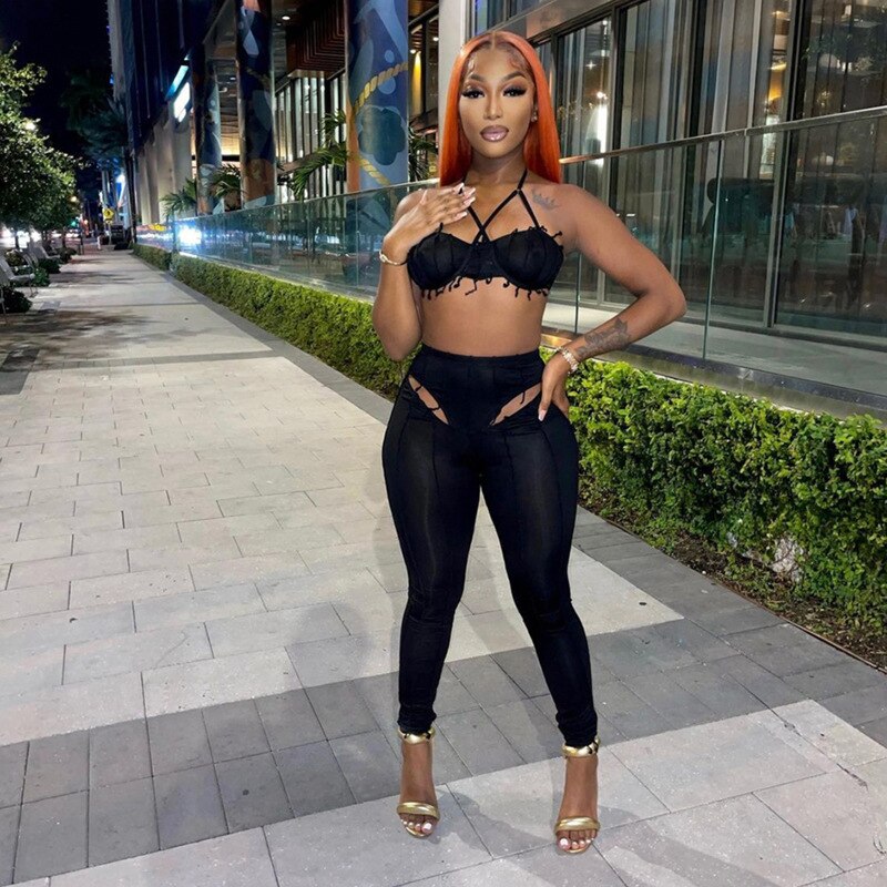 Adogirl Summer Solid Two Piece Set Women Sleeveless Halter Crop Tops + Leggings Female Sexy Party Club Y2k Streetwear Outfits