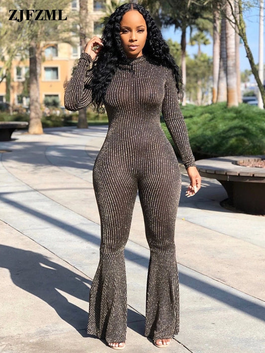 Bling Lurex Sexy Bell Bottom Bodysuit Long Sleeve Striped Flare Jumpsuit Party Night Club Ladies One Piece Bodycon Bodysuit
