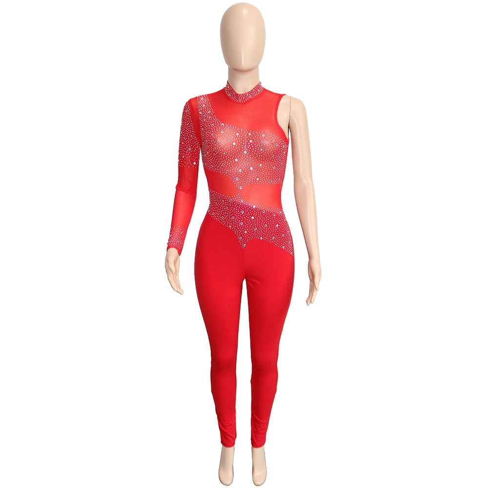 One Shoulder Sexy See Through Bodycon Outfits Perspective Summer Clothes Romper Rumper Jumpsuit Mesh Rhinestones Woman Bodysuits