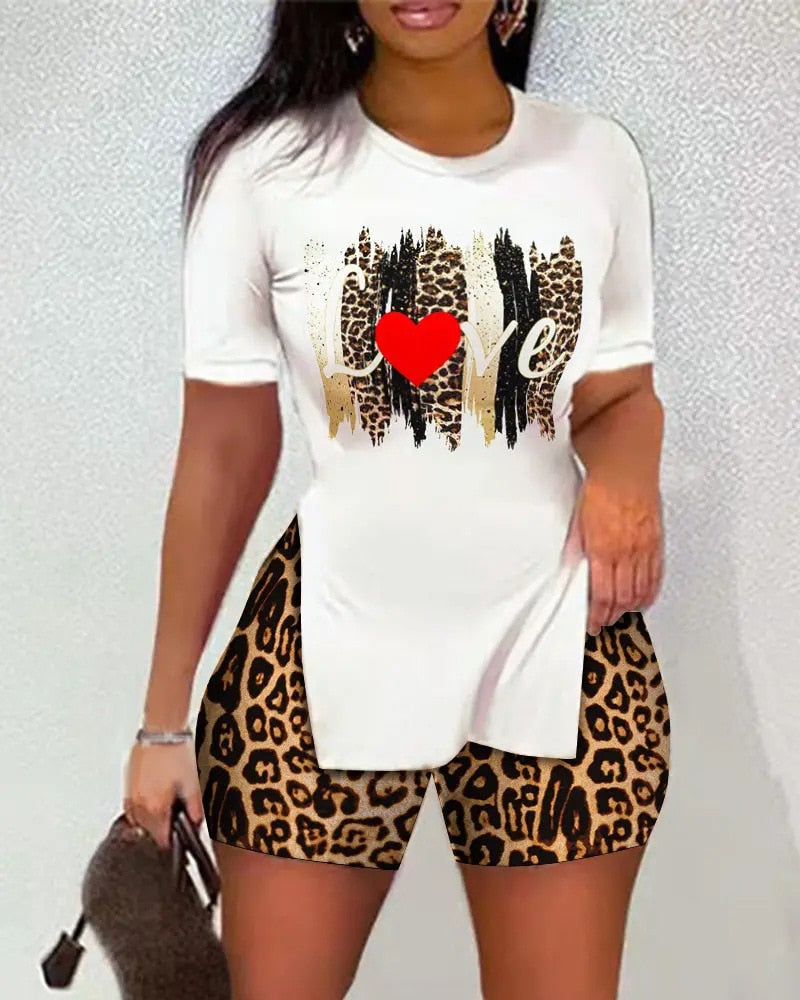 Women O Neck Letter Print Split Hem Short Sleeve Ladies Top &amp; Shorts Set Summer Casual Oversized Two Piece Suits