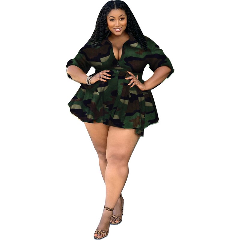 Plus Size Dresses for Women 5xl Fashion Long Sleeve Turn Down Collar Waistband Outdoor Wear Casual Camouflage Dress Wholesale