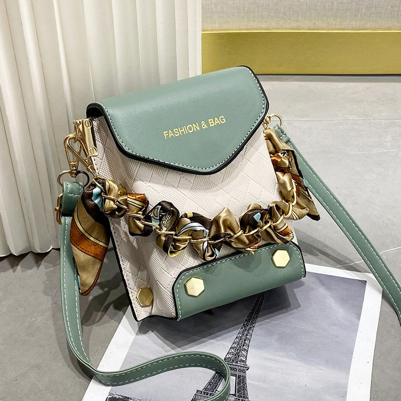 Fashion Women Pattern Shoulder Bag Hardware Chain Strap Color Block Messenger Handbag Composite Cross Body Bag