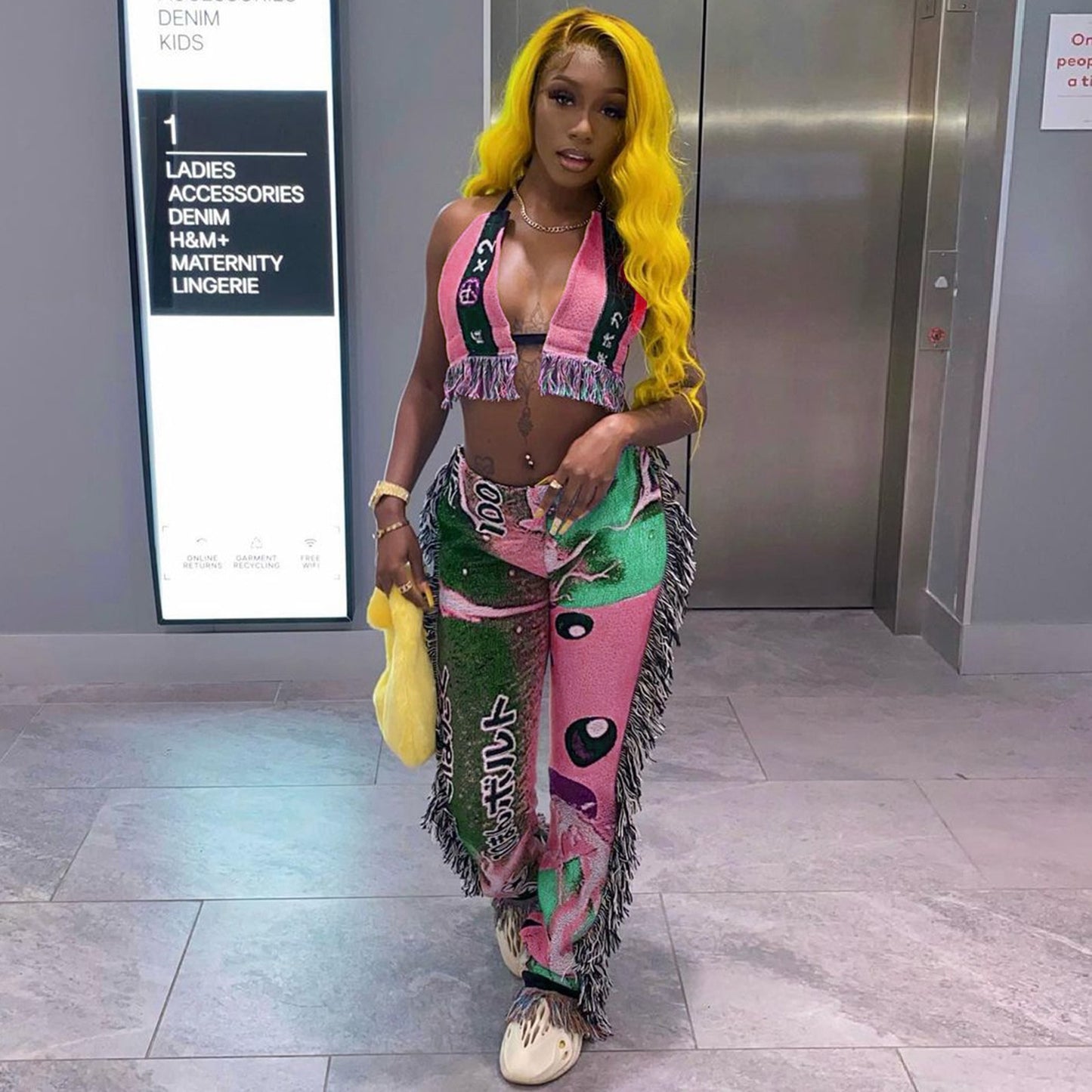 Print Tassel Beach Wear Two Piece Set Sexy V Neck Halter Lace Up Crop Top + Straight Pants Suits Club Party Tracksuit Women