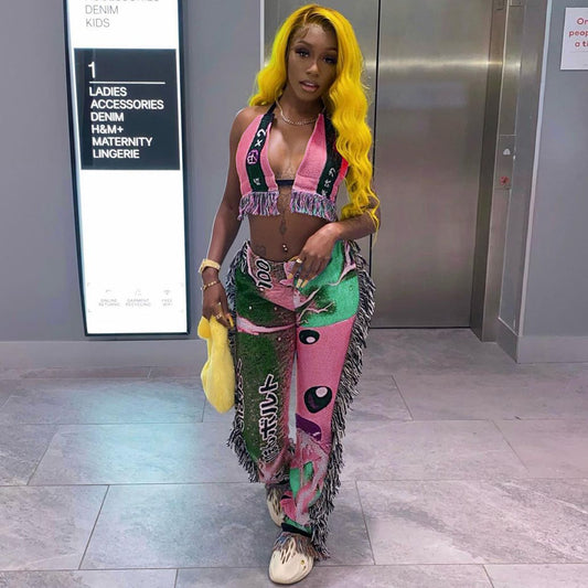 Print Tassel Beach Wear Two Piece Set Sexy V Neck Halter Lace Up Crop Top + Straight Pants Suits Club Party Tracksuit Women